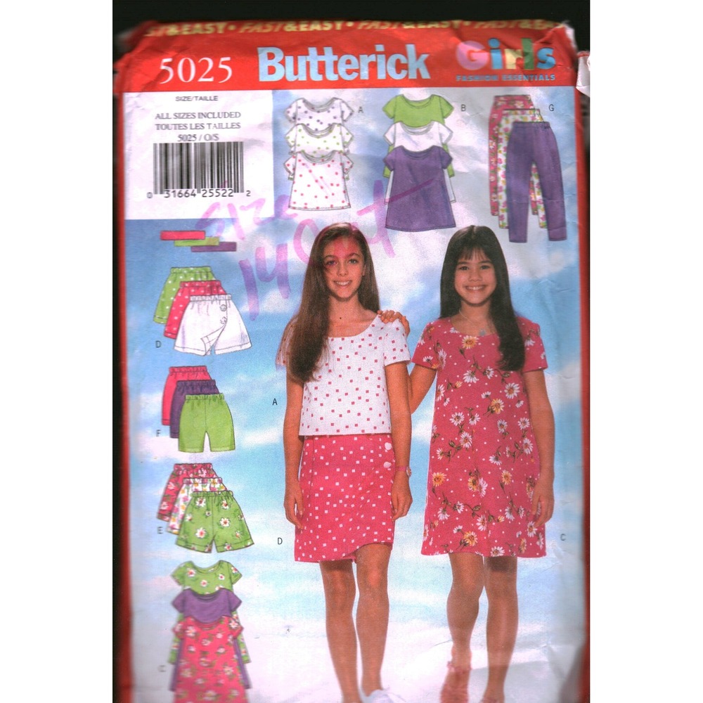 Butterick 5025‎ Girls Sewing Pattern Dress Top Skirt Shorts Leggings Size 7-14